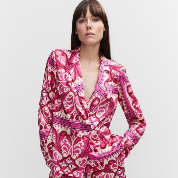 MANGO Printed Lapels Shirt Double Breasted Blouse Fuchsia Pink size 4 - Picture 1 of 13